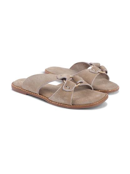 SUEDE SLIP-ON FLATS WITH METAL RING DETAIL - CREAM
