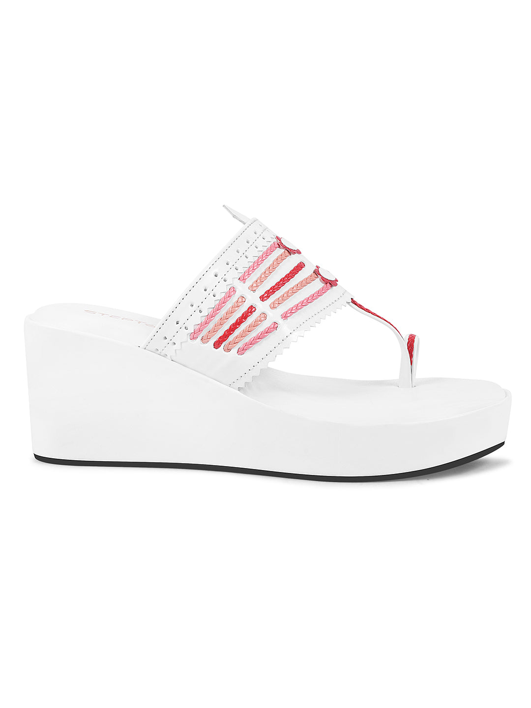 WHITE WOVEN RED STRINGS KOHLAPURI WEDGES