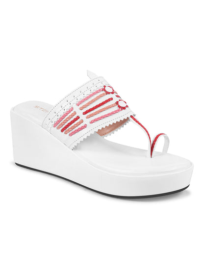 WHITE WOVEN RED STRINGS KOHLAPURI WEDGES