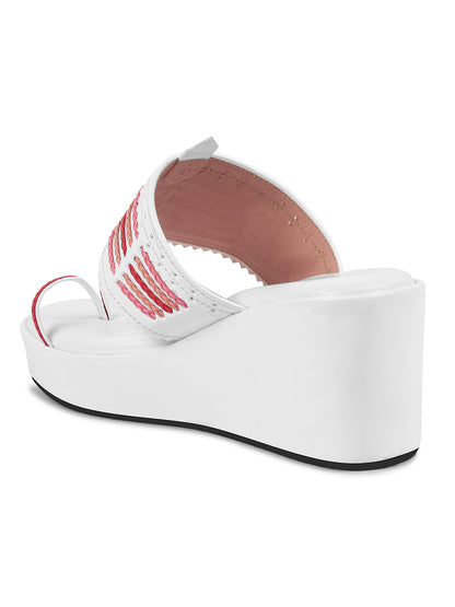 WHITE WOVEN RED STRINGS KOHLAPURI WEDGES