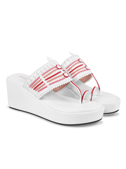 WHITE WOVEN RED STRINGS KOHLAPURI WEDGES