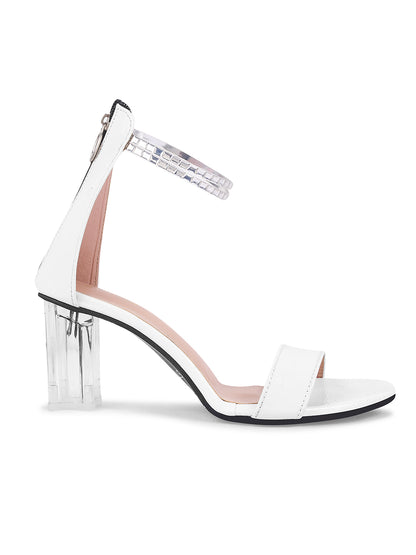 WHITE WITH CHAIN STRAP TRANSPARENT BLOCK HEEL