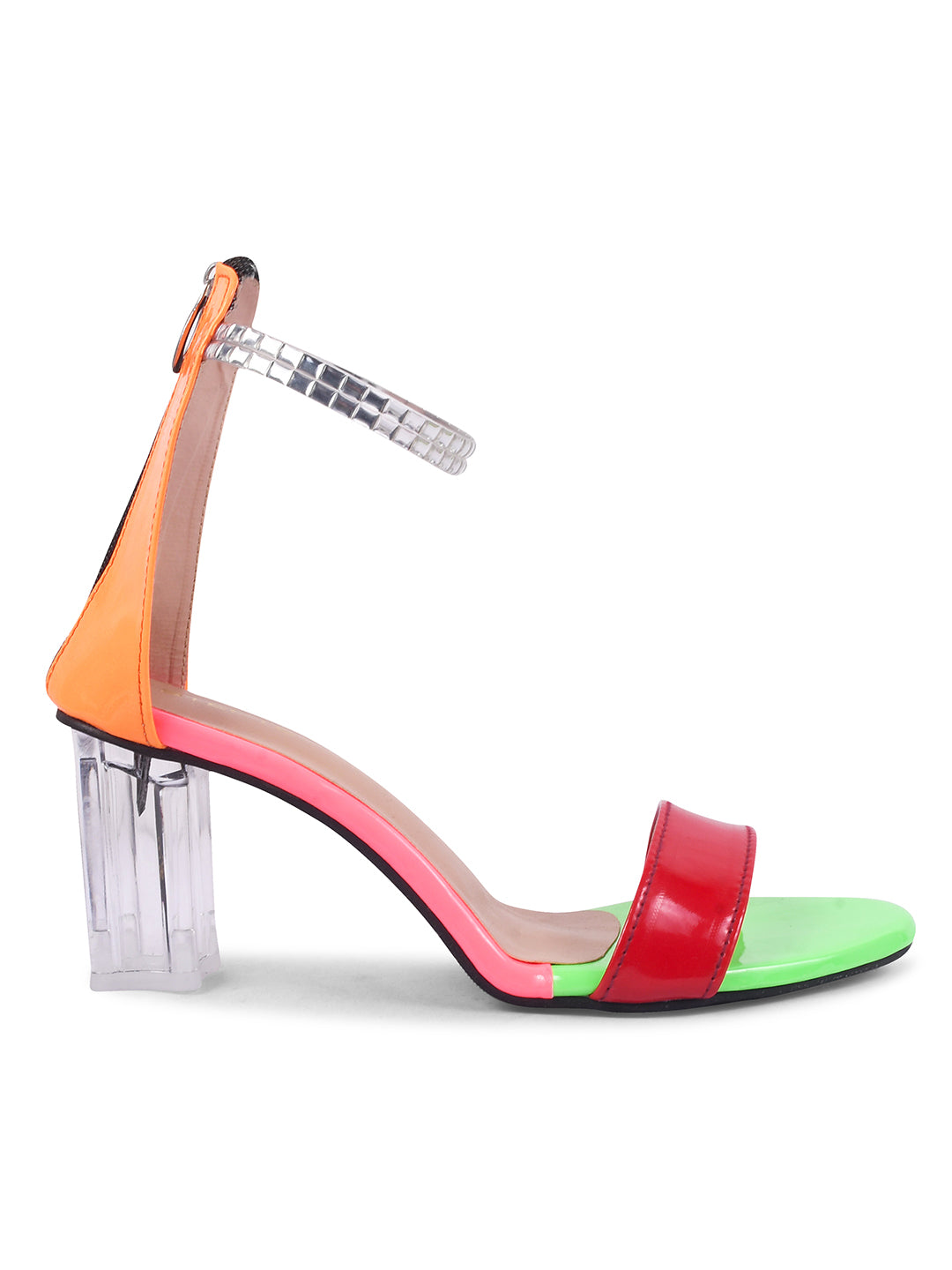 RED STRAP GREEN TOE TRANSPARENT BLOCK HEEL