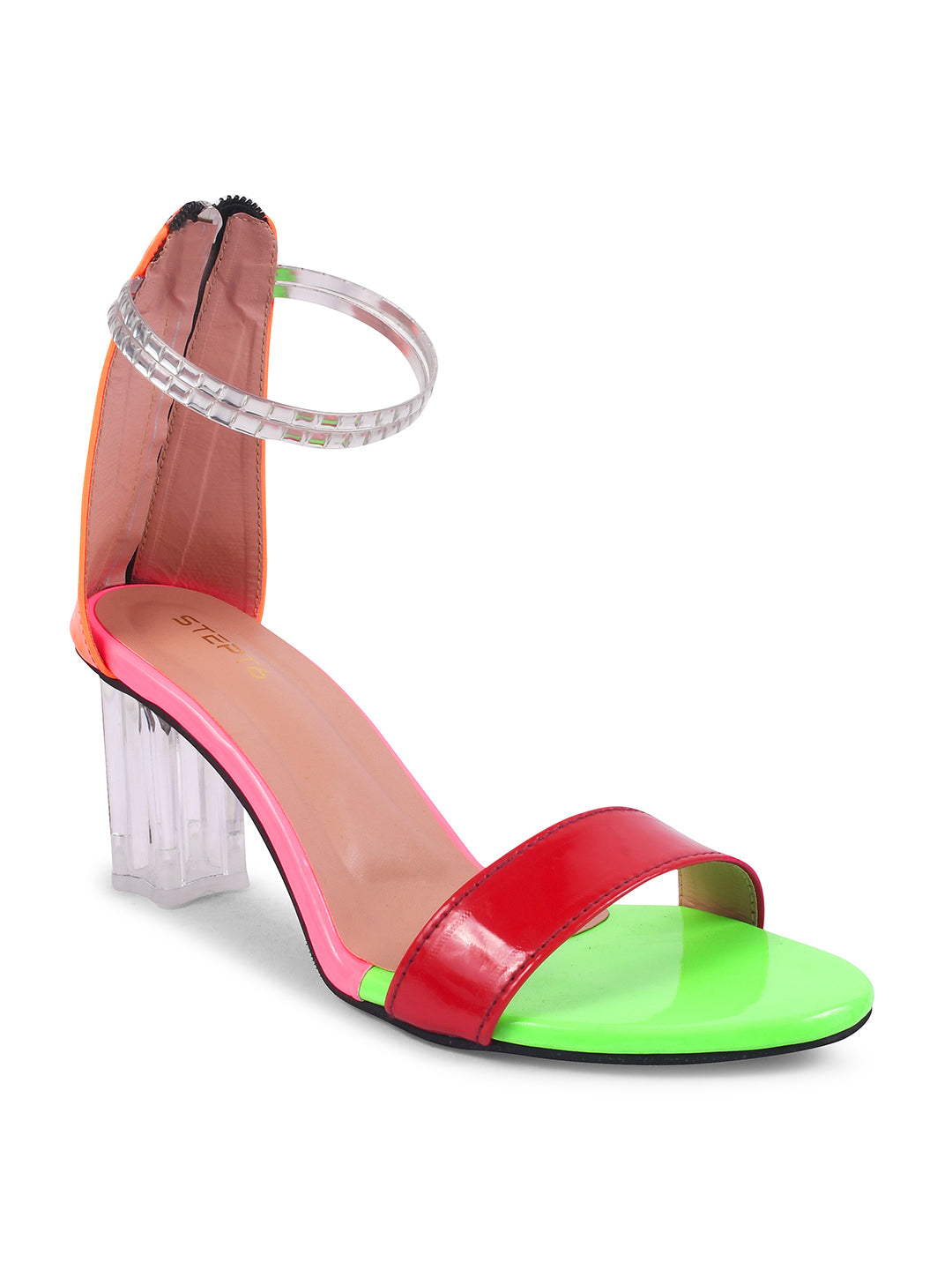 RED STRAP GREEN TOE TRANSPARENT BLOCK HEEL