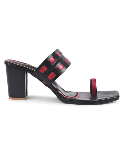 BLACK RED ZIG ZAG STRAP BLOCK HEEL