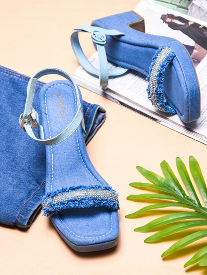 BLUE DENIM WITH DIAMOND STRAP WEDGES