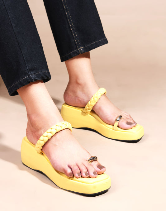 YELLOW WOVEN STRAP WEDGES