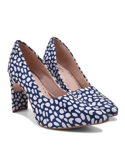 Blue-White Leopard Print Block Heel Pumps