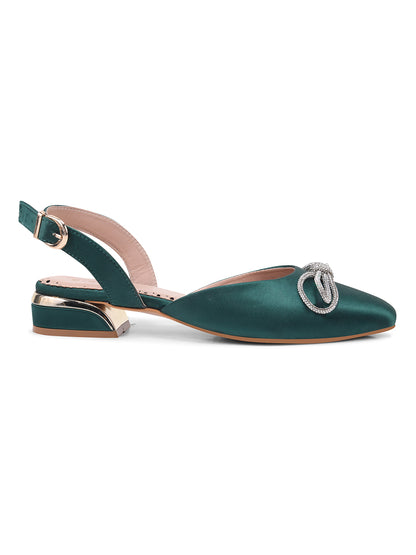 Emerald Green Satin Flats with Crystal Bow