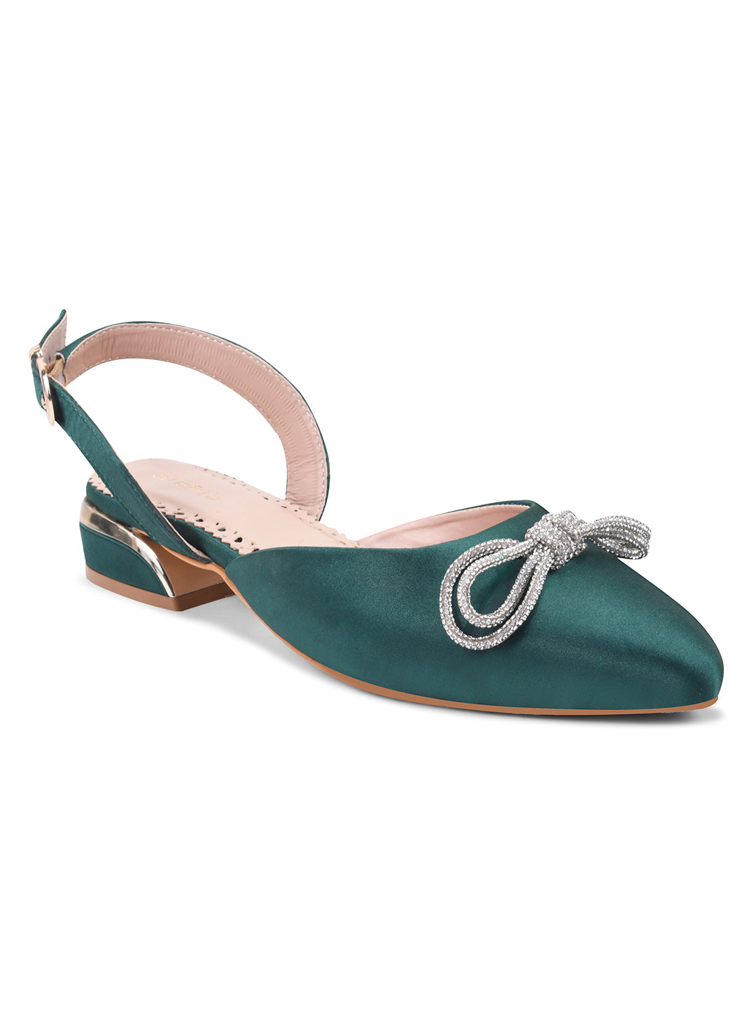 Emerald Green Satin Flats with Crystal Bow
