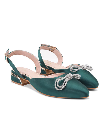 Emerald Green Satin Flats with Crystal Bow