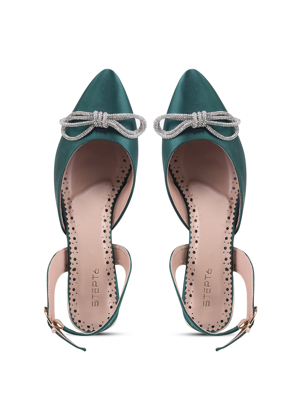 Emerald Green Satin Flats with Crystal Bow