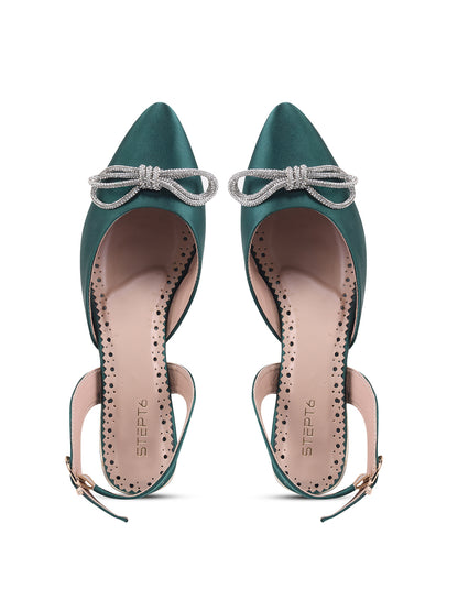 Emerald Green Satin Flats with Crystal Bow