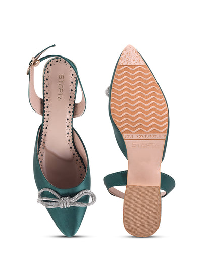 Emerald Green Satin Flats with Crystal Bow