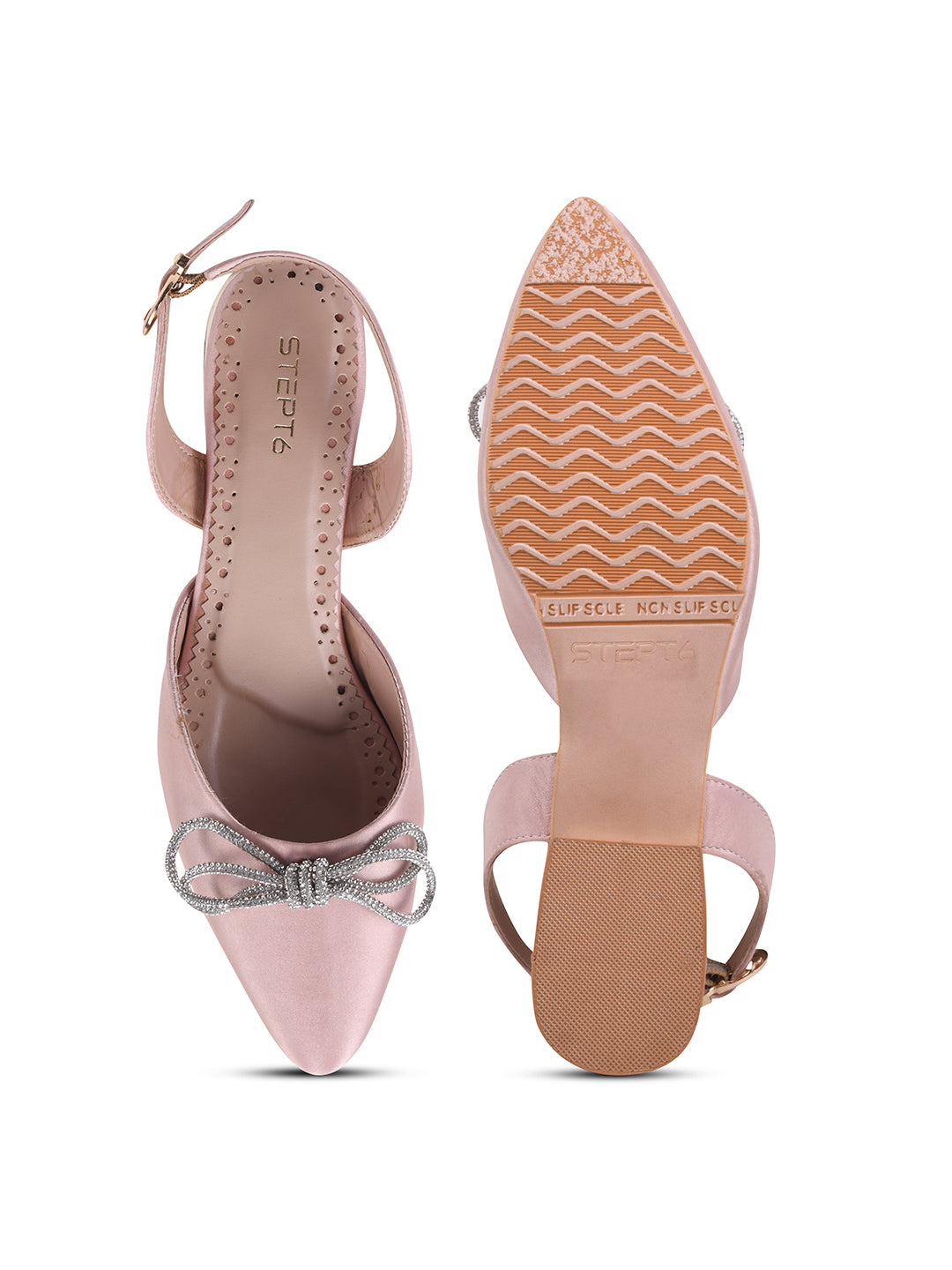 Blush Pink Satin Flats with Crystal Bow