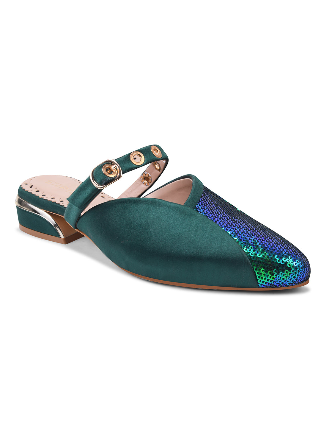 Dark Green Sequin Flats with Studded Strap