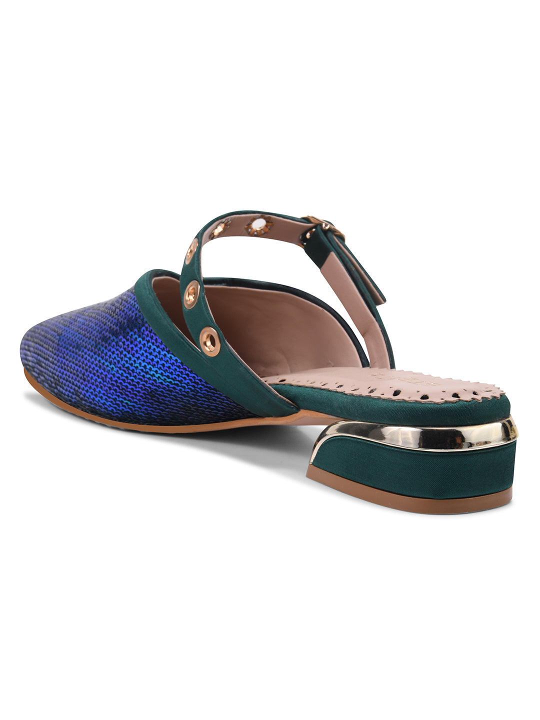 Dark Green Sequin Flats with Studded Strap