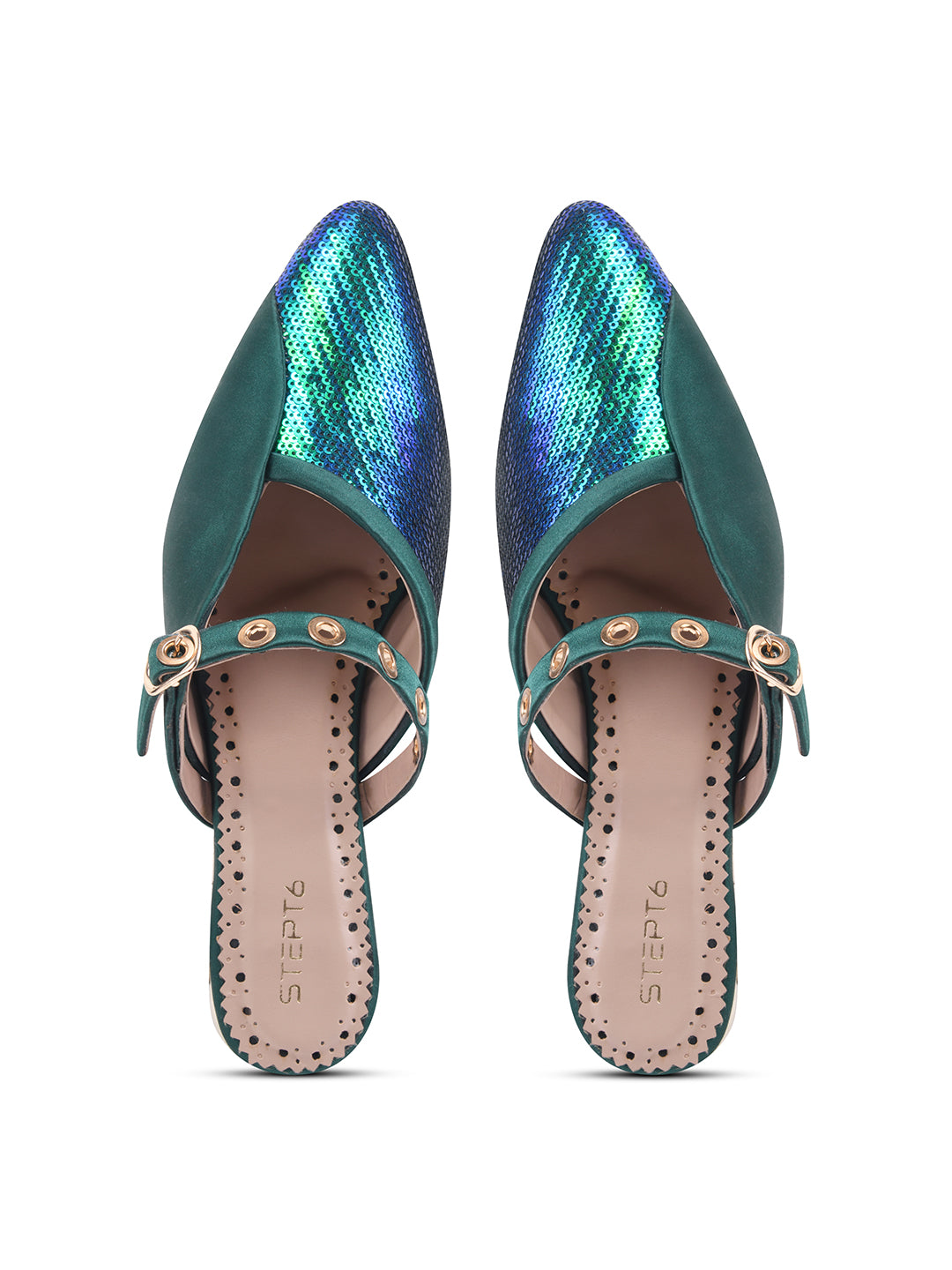 Dark Green Sequin Flats with Studded Strap
