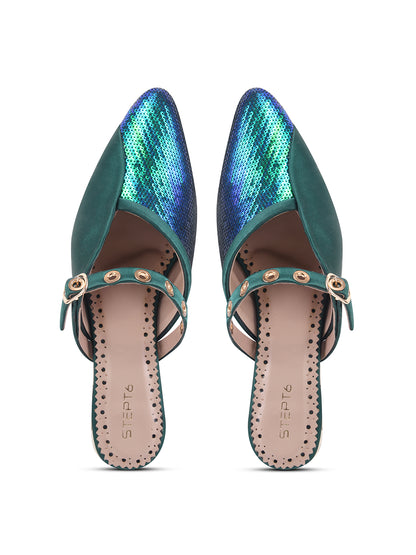 Dark Green Sequin Flats with Studded Strap