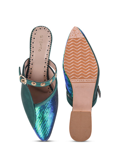 Dark Green Sequin Flats with Studded Strap