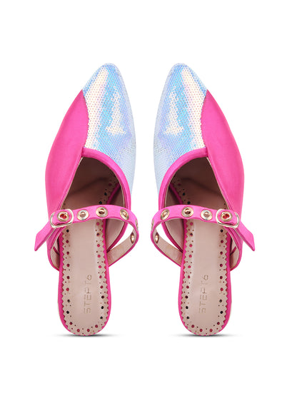 Hot Pink & Blue Sequin Flats with Studded Strap