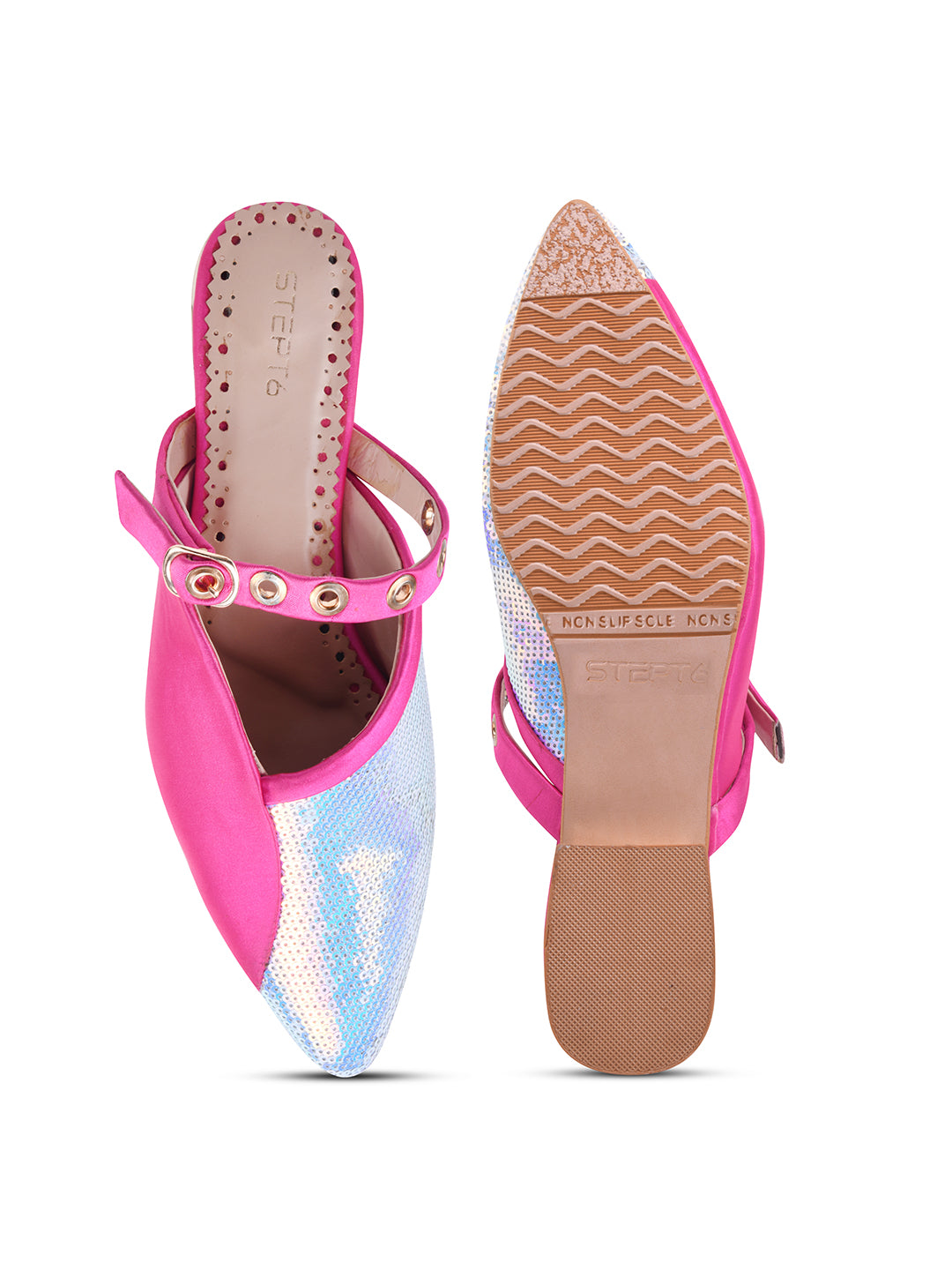 Hot Pink & Blue Sequin Flats with Studded Strap