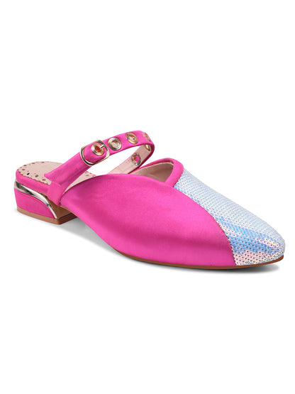 Hot Pink & Blue Sequin Flats with Studded Strap