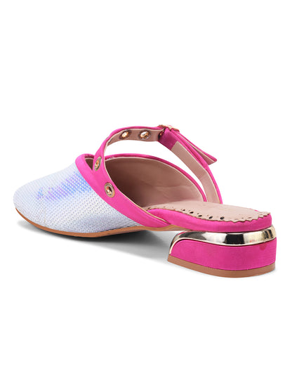 Hot Pink & Blue Sequin Flats with Studded Strap