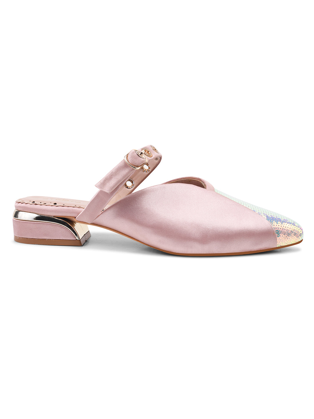 Peach-Silver Sequin Flats with Studded Strap