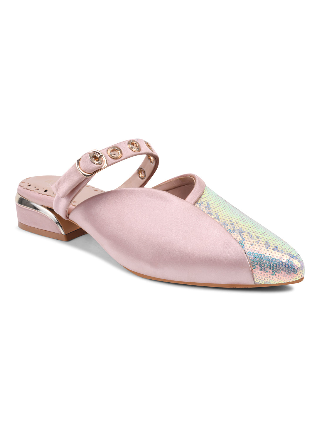Peach-Silver Sequin Flats with Studded Strap