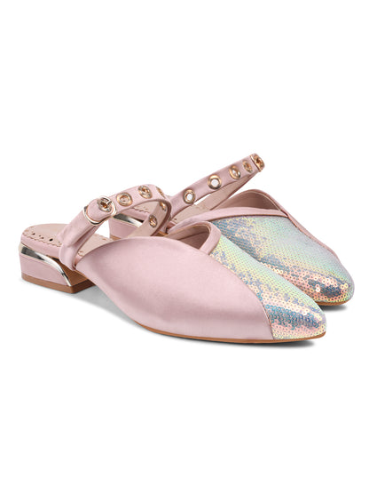Peach-Silver Sequin Flats with Studded Strap