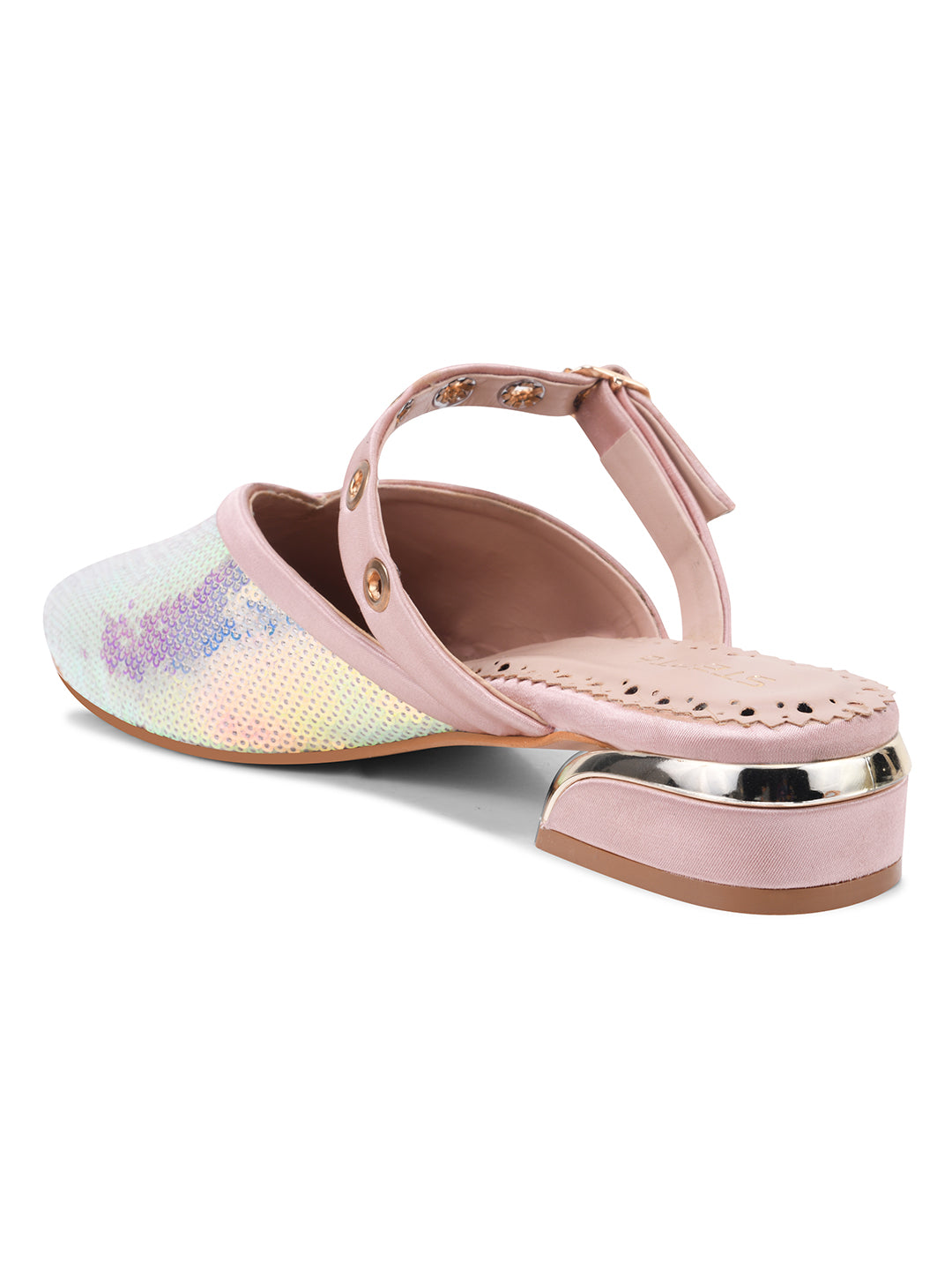 Peach-Silver Sequin Flats with Studded Strap