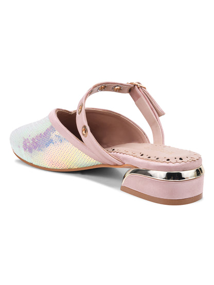 Peach-Silver Sequin Flats with Studded Strap