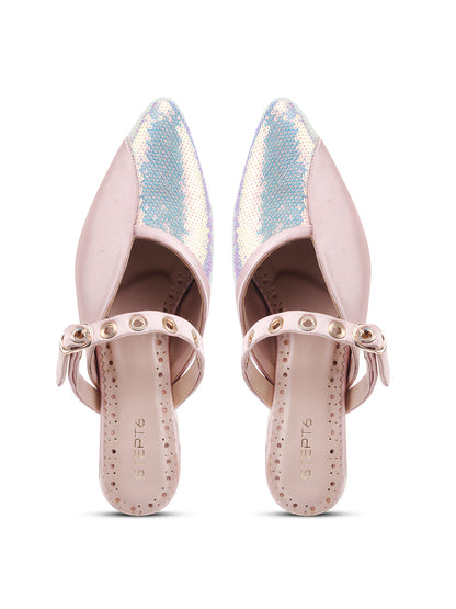 Peach-Silver Sequin Flats with Studded Strap