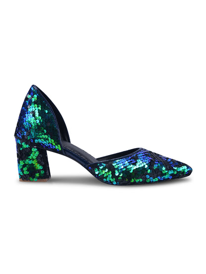 Shimmer Crush Blue-Green Sequin Block Heel Pumps