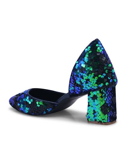 Shimmer Crush Blue-Green Sequin Block Heel Pumps