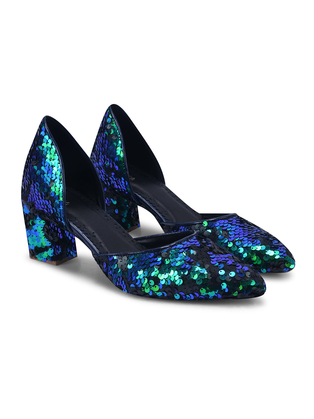 Shimmer Crush Blue-Green Sequin Block Heel Pumps