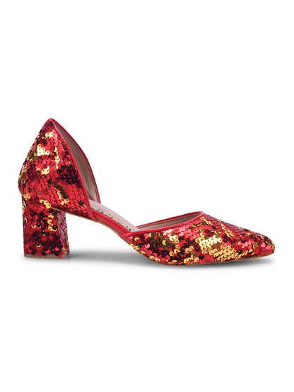 Festive Glow Red-Gold Sequin Heels for Women