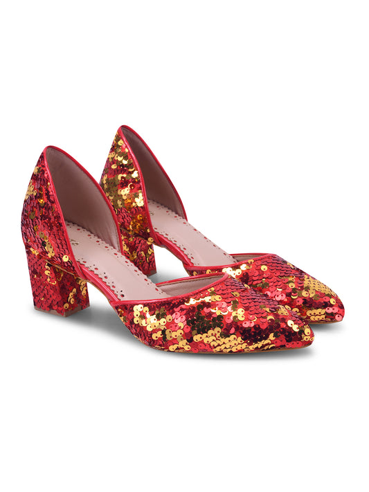 Festive Glow Red-Gold Sequin Heels for Women