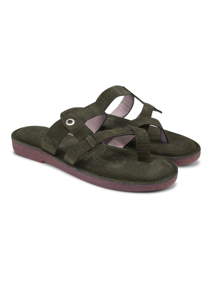 Olive Green Cross-Strap Slip-On Sandals for Women