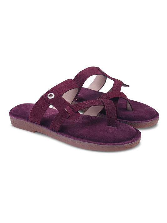 Plum Maroon Cross-Strap Slip-On Comfort Sandals for Women