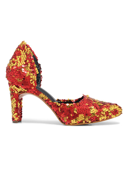 Golden-Red Sequin Party Pumps