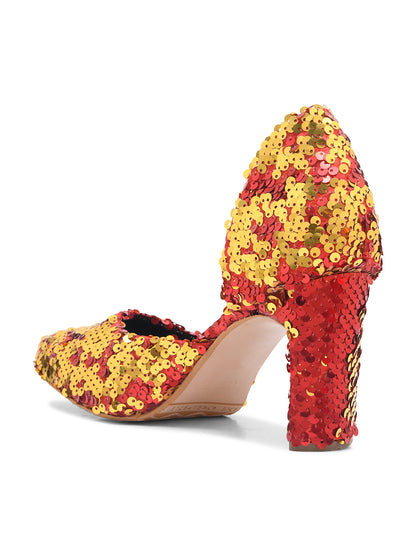 Golden-Red Sequin Party Pumps