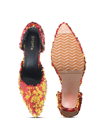 Golden-Red Sequin Party Pumps