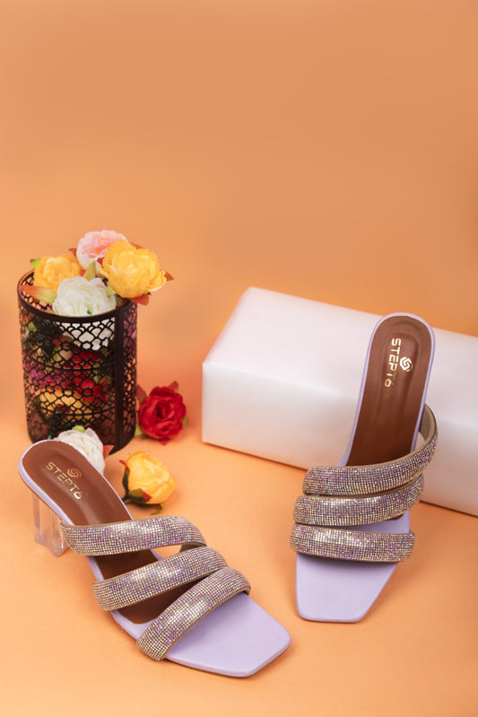 Dazzling Diamond Strap Block Heel - Purple