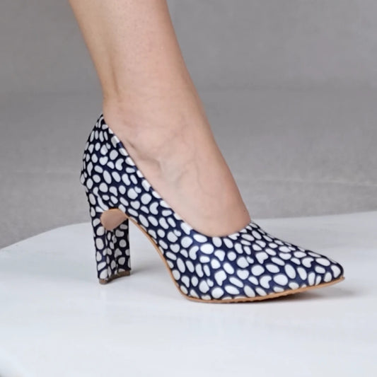 Blue-White Leopard Print Block Heel Pumps