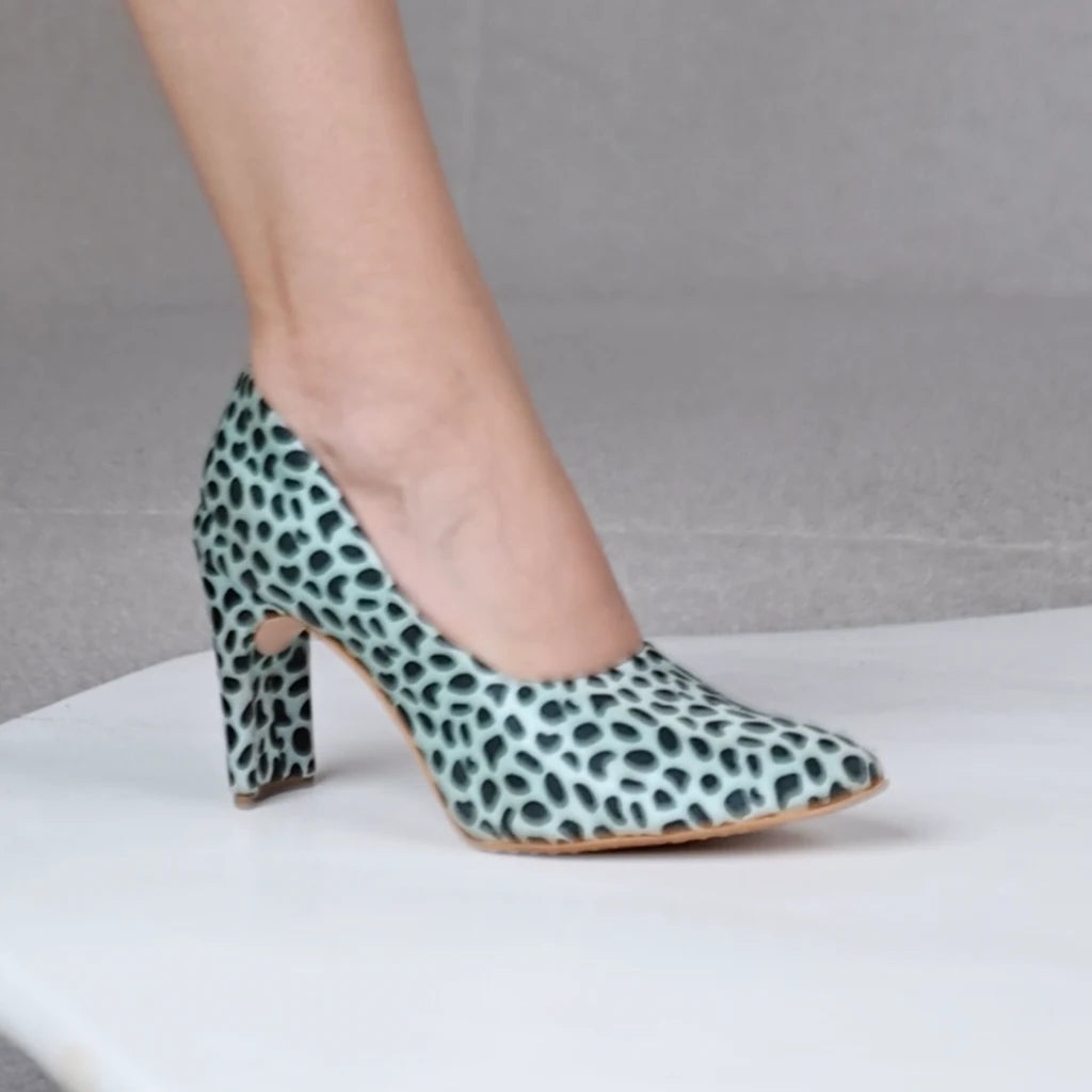 Green-Black Leopard Print Block Heel Pumps