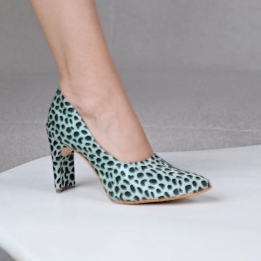 Green-Black Leopard Print Block Heel Pumps